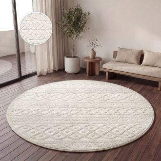 Kerek modern szonyeg - skandinav stilusu, 3D, fonott mintaval, krem, 120 cm kor