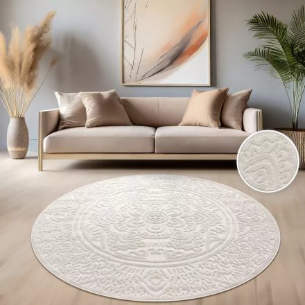 Skandináv 3D modern szőnyeg nappaliba teraszra mandala mintás - krém szőnyeg 120 cm kör