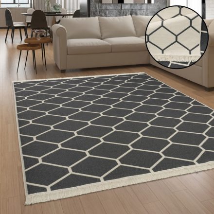 Kétoldalas pamut mosható szőnyeg étkezőbe nappaliba geometria mintás antracit 60x180 cm