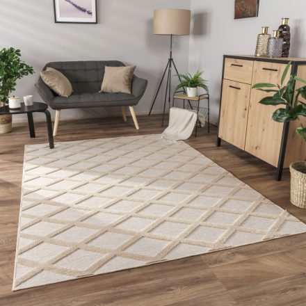 Skandináv szőnyeg nappaliba 3D hatású rombusz bézs szőnyeg 160x220 cm