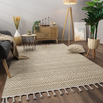 Skandináv nagyméretű szőnyeg nappaliba 3D egyszínű rojtos krém-bézs szőnyeg 240x340 cm