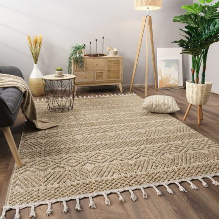 Skandináv nagyméretű szőnyeg nappaliba 3D egyszínű rojtos - bézs szőnyeg 240x340 cm