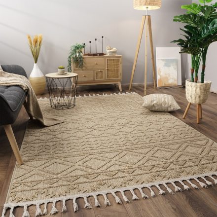 Ethno skandináv szőnyeg nappaliba 3D egyszínű rojtos bézs szőnyeg 80x150 cm