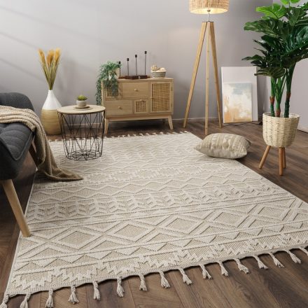 Ethno 3D skandináv szőnyeg nappaliba egyszínű rojtos krém szőnyeg 80x150 cm