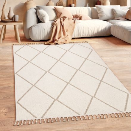 Skandináv szőnyeg nappaliba 3D rombusz rojtos krém szőnyeg 160x220 cm