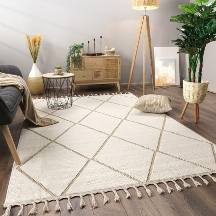 Skandináv nagyméretű szőnyeg nappaliba 3D rombusz rojtos krém szőnyeg 240x340 cm