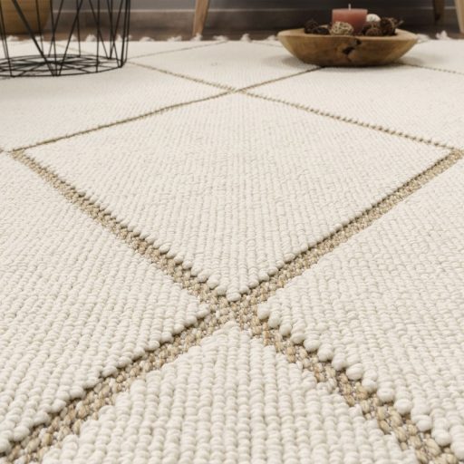 Szonyeg nappaliba - skandinav, rombusz mintas, rojtos, krem, 120x160 cm, Milo