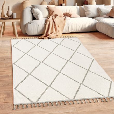 Skandináv szőnyeg nappaliba 3D rombusz rojtos krém-szürke szőnyeg 240x340 cm