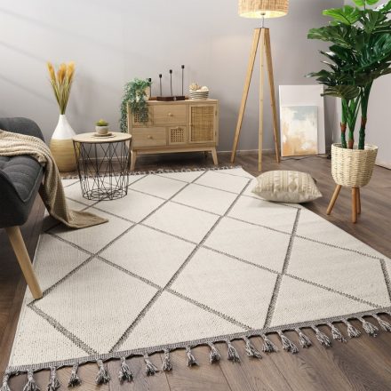 Skandináv nagyméretű szőnyeg nappaliba 3D rombusz rojtos krém-szürke szőnyeg 240x340 cm