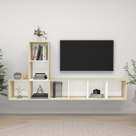 3 részes fehér és tölgyszínű forgácslap TV-szekrény szett