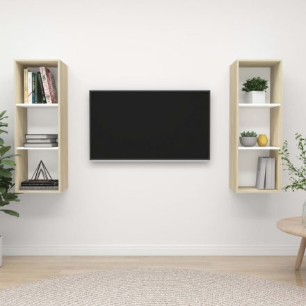 2 db fehér és tölgyszínű forgácslap fali TV-szekrény