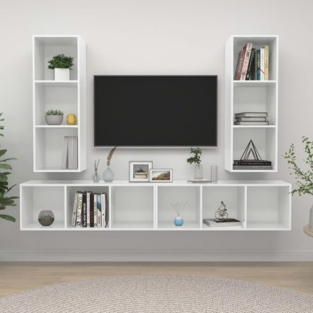4 db magasfényű fehér forgácslap fali TV-szekrény
