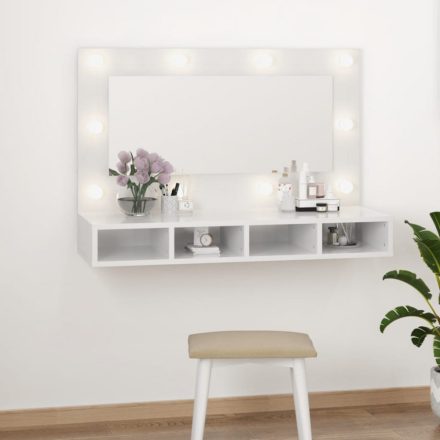 magasfényű fehér tükrös szekrény LED-ekkel 90 x 31,5 x 62 cm