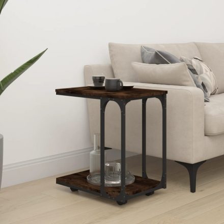 füstös tölgyszínű szerelt fa kisasztal kerekekkel 50x35x55,5 cm