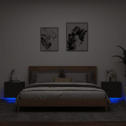 2 db fekete falra szerelhető éjjeliszekrény LED-világítással